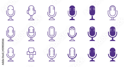 Collection of vintage and modern microphone silhouettes in purple tone