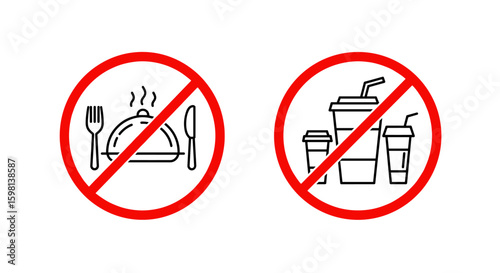 No eating or drinking line icons with red prohibition symbol
