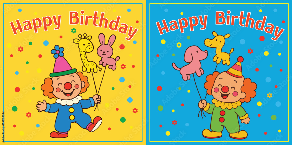 Obraz premium Colorful Birthday greeting Cards set for kids with Clown and Balloon Animals