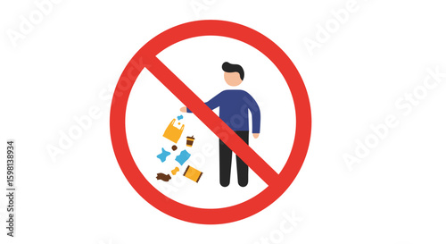 No littering sign with person throwing trash in red circle