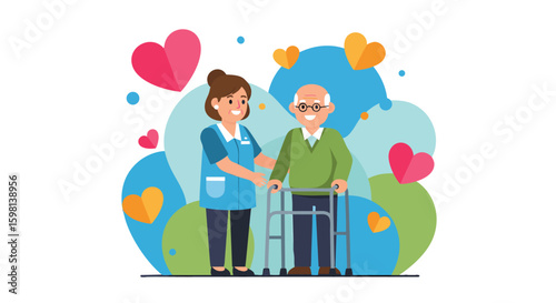 Healthcare caregiver assisting senior man walking home care
