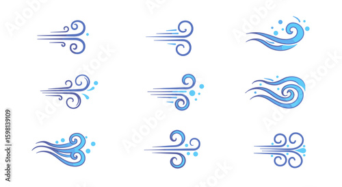 Dynamic blue airflow symbols on white background
