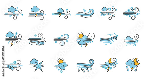 Weather icons in flat style: clouds wind rain lightning and sun illust
