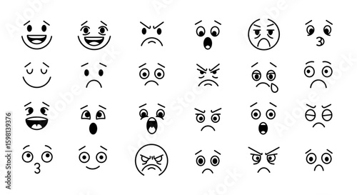Diverse set of linear emoji faces showing various emotions and express