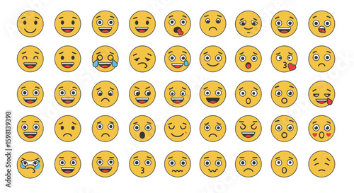 Diverse emoji expressions set with varied face emotions