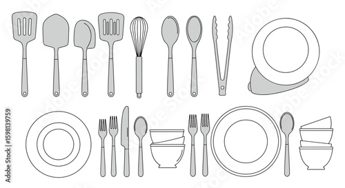 Minimalist kitchen utensils and tableware in linear style