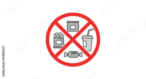 No junk food sign with soda fries cookies and candy in simple style