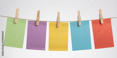 Five Colorful Blank Note Cards Hanging on a Clothesline with Wooden Pegs