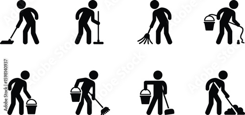 Pictograms of people cleaning with brooms mops and buckets