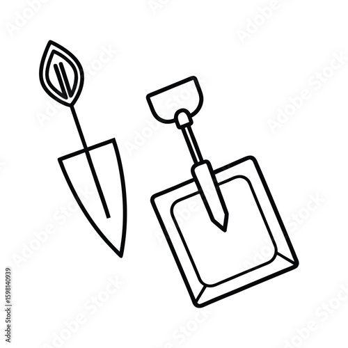Handdrawn line drawing gardening trowel spade tools vector