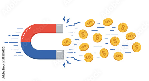 Money attraction concept with magnet pulling coins for financial succe