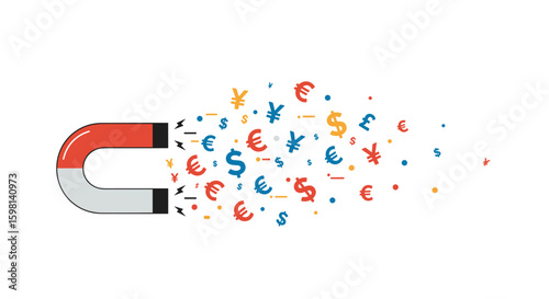 Magnet attracting colorful currency symbols in motion