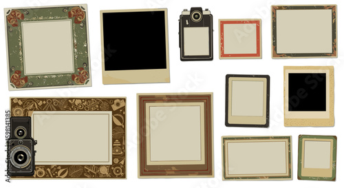 Retro photo frames and vintage cameras on textured background
