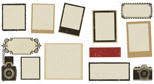 Vintage photo frames and cameras set with grunge effect