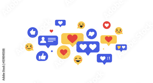 Social media emoji icons with reactions and comments in flat design