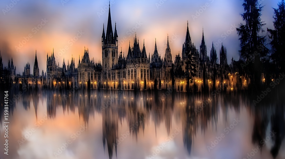 Fototapeta premium Majestic Castle Reflected in Calm Water at Sunset