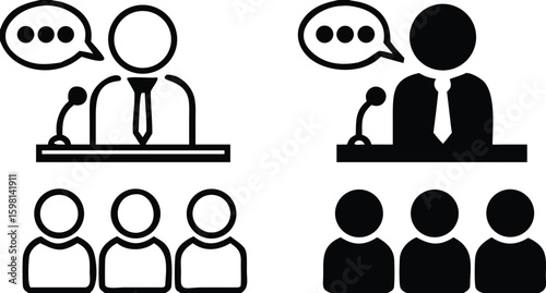 Briefing icons. Black and White Vector Icons. Man with Microphone Tells Important Information to People. Business and Workshop Concept
