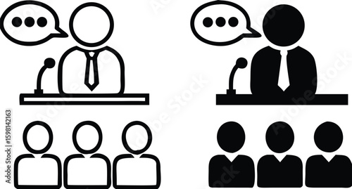 Briefing icons. Black and White Vector Icons. Man with Microphone Tells Important Information to People. Business and Workshop Concept
