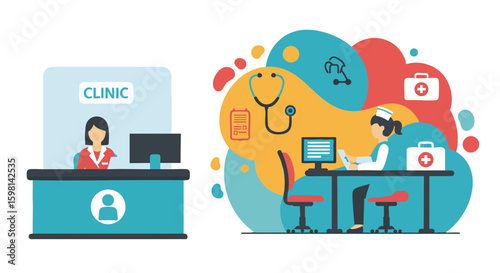 Healthcare Clinic Medical Reception Nurse Working Technology Illustration