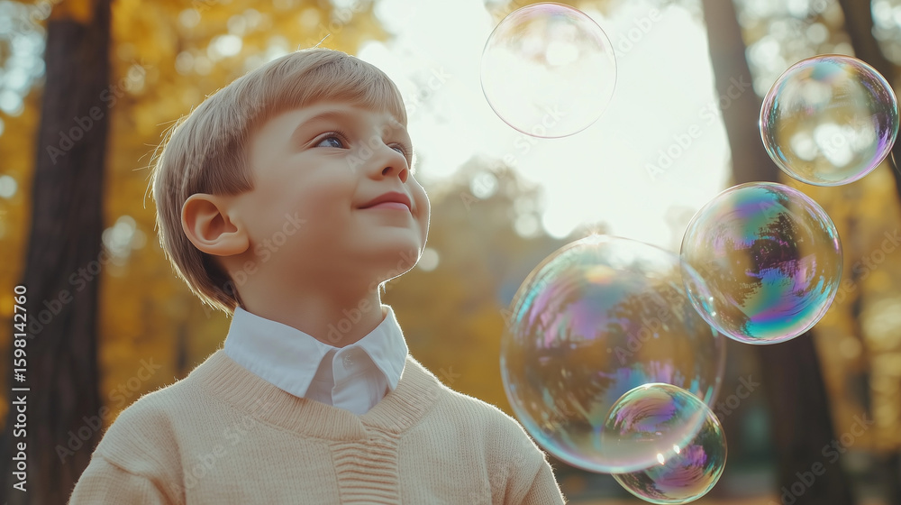 A cute little boy looks at soap bubbles in a park in nature, the child has joyful emotions, bright big soap balls. A cute little boy looks at soap bubbles in a park in nature, the child has joyful emotions, bright big soap balls.