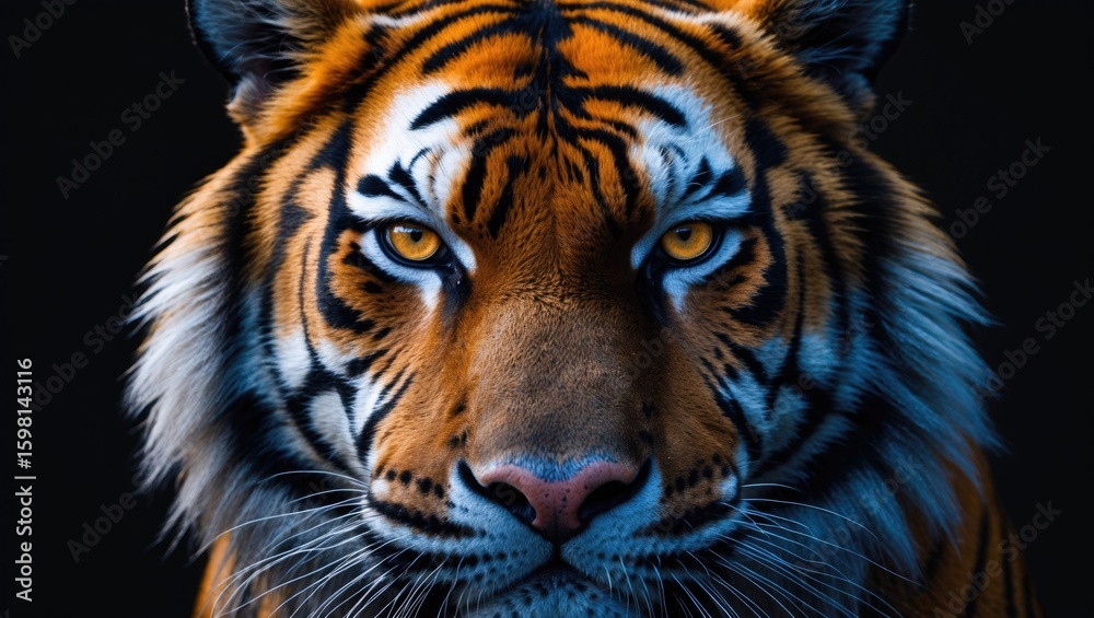 Naklejka premium A close-up of a tiger's face showing intense eyes and detailed fur.