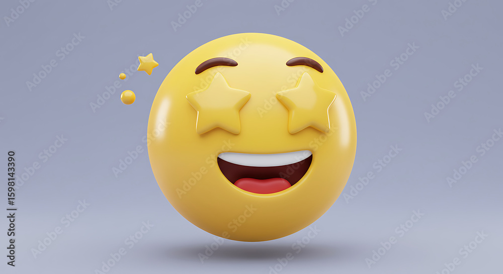 Fototapeta premium Happy yellow emoji egg with stars over eyes 3d render