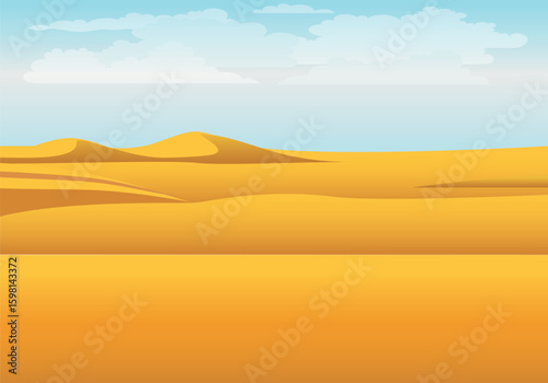 Sunny desert landscape with golden sand dunes and blue sky. Vector illustration of dry terrain and arid environment. Empty yellow field under daylight. Minimalistic cartoon scene.