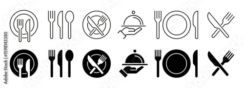 Fork, spoon, knife, plate, tray icons set in both Flat and Outline Style. Full vector Cutlery icon. Dinnerware icon symbol. Restaurant sign and symbol. Vector illustration