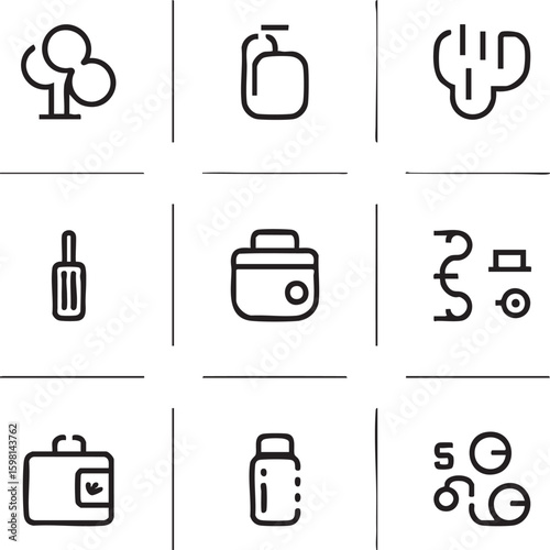Minimalist camping and outdoor activity vector icon set simple line style campfire,water canteen,gas stove,pot,first aid kit,wallet,pill bottle,tent,hiking backpack icon set