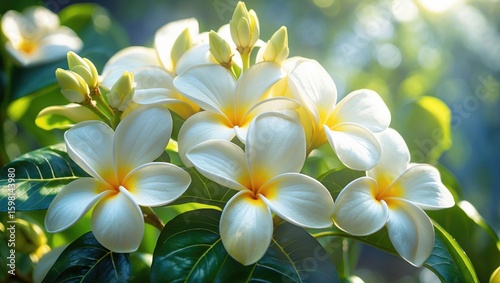 Fototapeta Naklejka Na Ścianę i Meble -  Clusters of white and yellow plumeria flowers with green leaves, illuminated by sunlight. Nature, flowers, and sunlight. The beauty of tropical flowers.