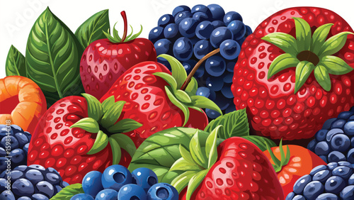An illustration of a vibrant assortment of fresh berries and green leaves in a close up view