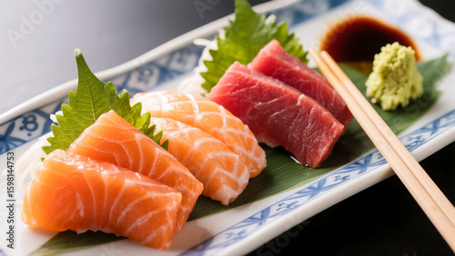Exotic sashimi assortment. fish. salmon. tuna. sashimi. shoyu. wasabi