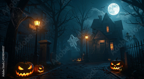 Spooky Halloween Night Scene with Haunted House and Pumpkins
