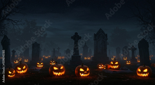 Spooky Halloween Cemetery Scene with Glowing Pumpkins