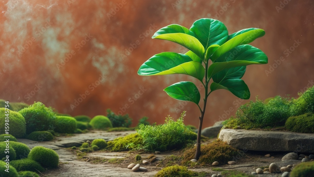 Obraz premium Young plant growing with lush green leaves in a natural landscape. Environment and nature, concept. Green life and growth. The concept of sustainability and eco-friendliness.