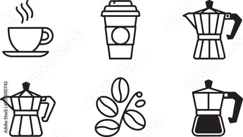 Coffee Moka Pot and Cup Vector Illustration Line Art Style for Cafe Menu and Beverage Designs