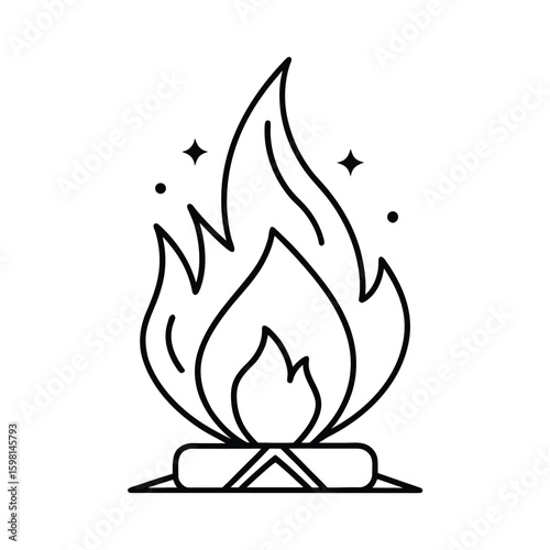Handdrawn line drawing a campfire with sparks dots flame heat