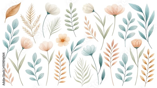 Fototapeta Naklejka Na Ścianę i Meble -  Delicate watercolor botanical illustration featuring a variety of softly colored dried grasses and flowers