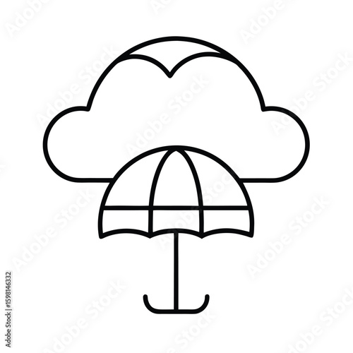 Handdrawn line drawing an umbrella protecting from a cloud protection weather