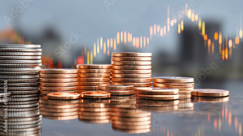 Coins stacked in foreground with stock market graphs and bank building in the background showcasing financial growth