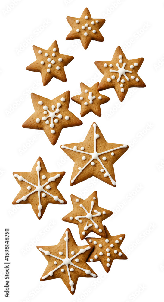 Obraz premium Isolated Gingerbread Star Cookies with White Icing on Black Background