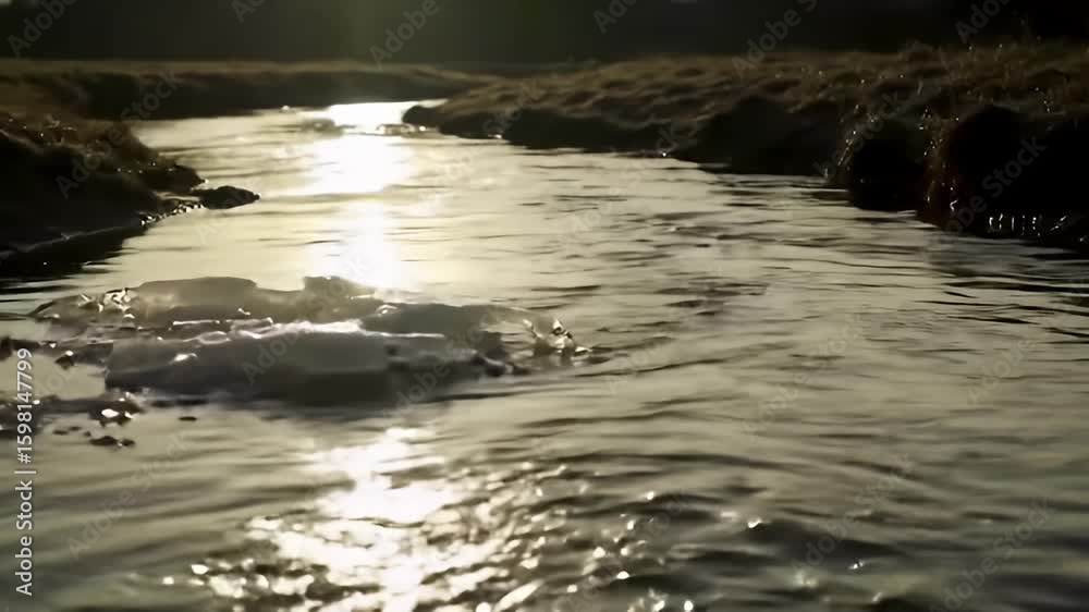 Sun glints off a shallow stream, reflecting light and rippling water Sun glints off a shallow stream, reflecting light and rippling water
