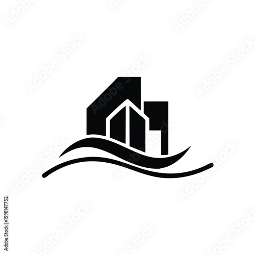 Simplified house icon over waves suggests shoreline real estate and design on a transparent background
