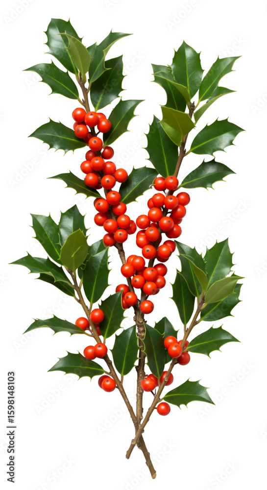 Obraz premium Isolated Holly Branch with Red Berries on Black Background