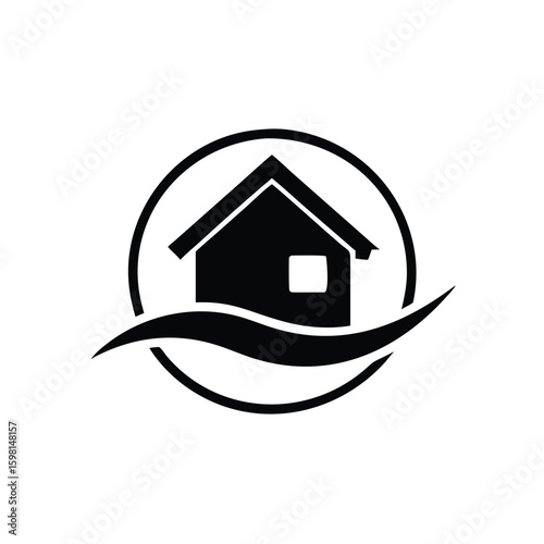 A silhouette house resides within a black circle above stylized water waves and transparent background