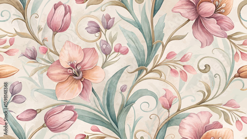 Seamless vintage floral fabric pattern repeating with soft pastel colors. Tulips and orchids. Soft curves and flowing vines. Watercolor texture. Tileable and repeats perfectly. Timeless and luxurious 