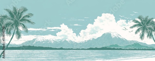 Tropical Beach Scene Palm Trees, Mountains, Ocean, Sky, Clouds Beach landscape, Tropical art