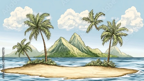 Tropical Island Beach Scene Palm Trees, Ocean, Mountains, Hand-Drawn Illustration, Island Paradise Island, Tropical