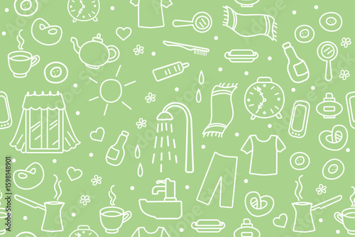 Morning themes in the doodle style. White contour on a green background. Seamless pattern under clipping mask, convenient for editing. Theme of washing, tea, breakfast. Morning mood.