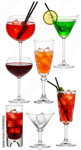 Isolated Illustration Set of Colorful Cocktails on Transparent Background